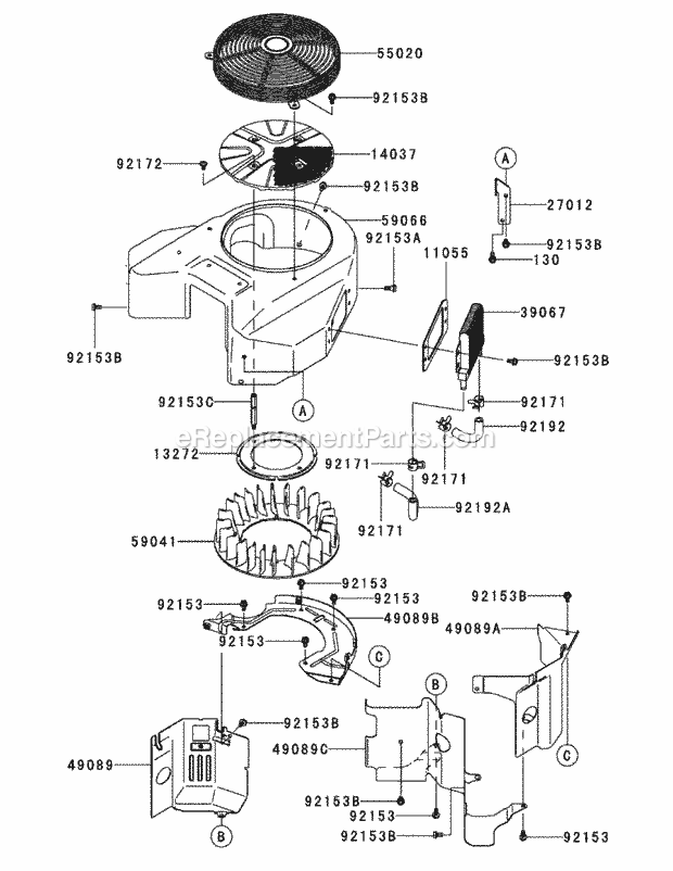 Kawasaki Fx850v-As00 Cooling Equipment Diagram and Parts List for S6031-KW 53AI8DU6050-31HP Cub Cadet Lawn Tractor